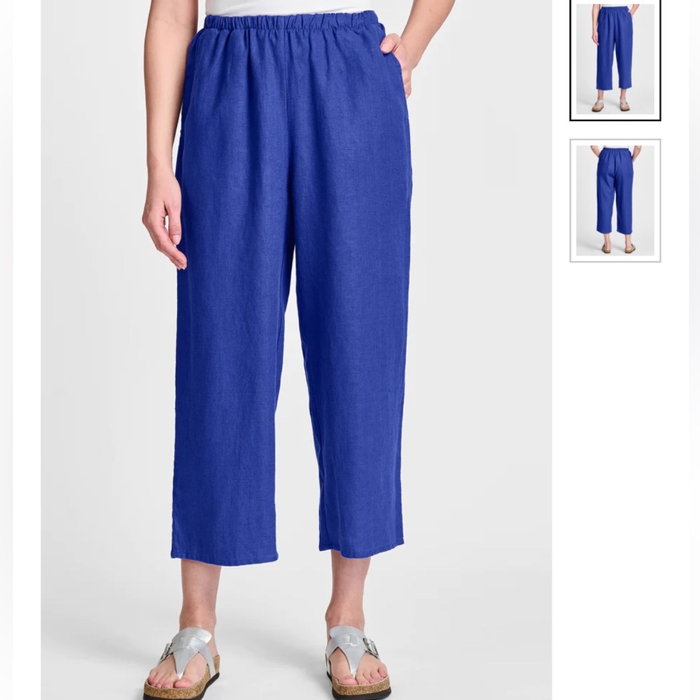 Flax 100% Linen Flood Pants Elastic Waist Crop Pockets Lapis Blue Purple M